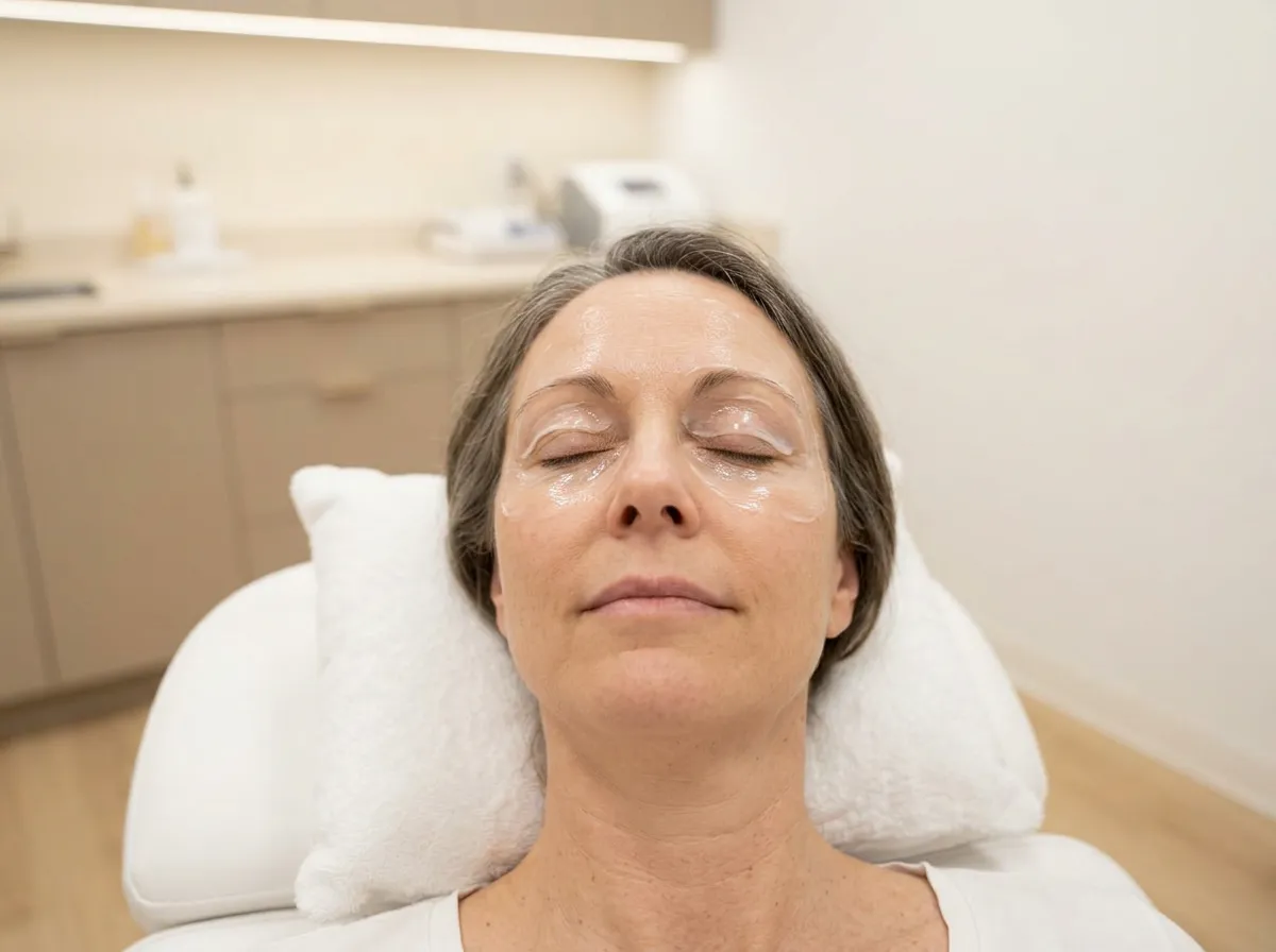 Patient reclining with topical numbing cream applied around the eyes at Victoria Park Medispa