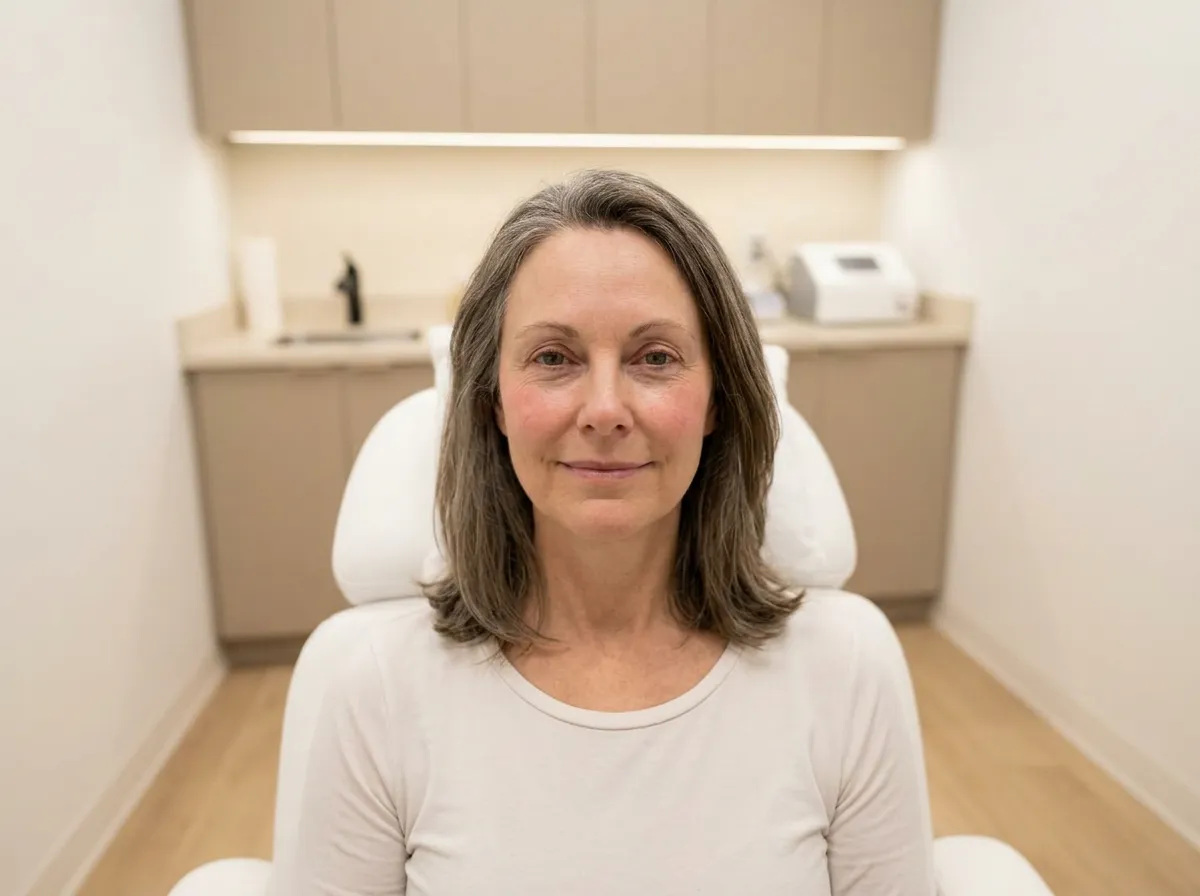 Patient seated upright post-treatment with a calm, lightly flushed glow