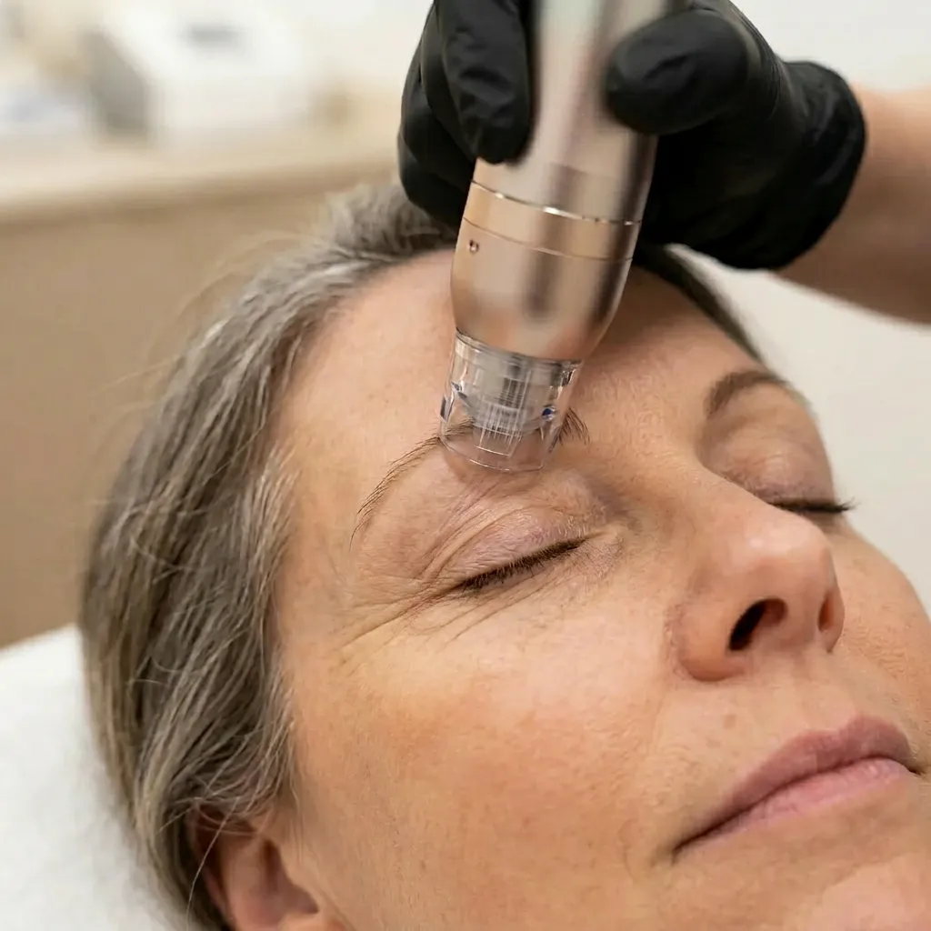 Sylfirm X pulsed-wave RF microneedling handpiece on the upper eyelid during treatment